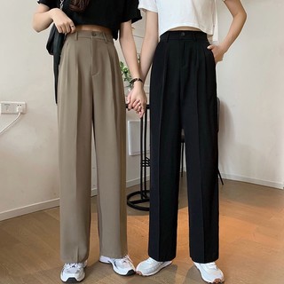 Omos Suit Pants High Waist Elastic Waist Straight Leg Pants Women Casual Pants Seluar Slack Wanita Slimming Wide Leg