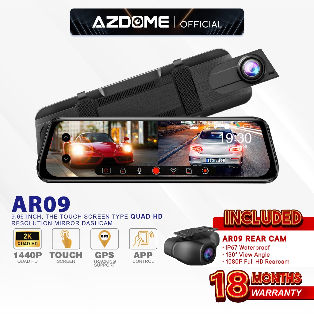 Azdome AR09 1440P Quad HD กระจกด้านหลังด้านหน้าและด้านหลัง Dash Cam Night Vision กล้องติดรถยนต์บันทึ
