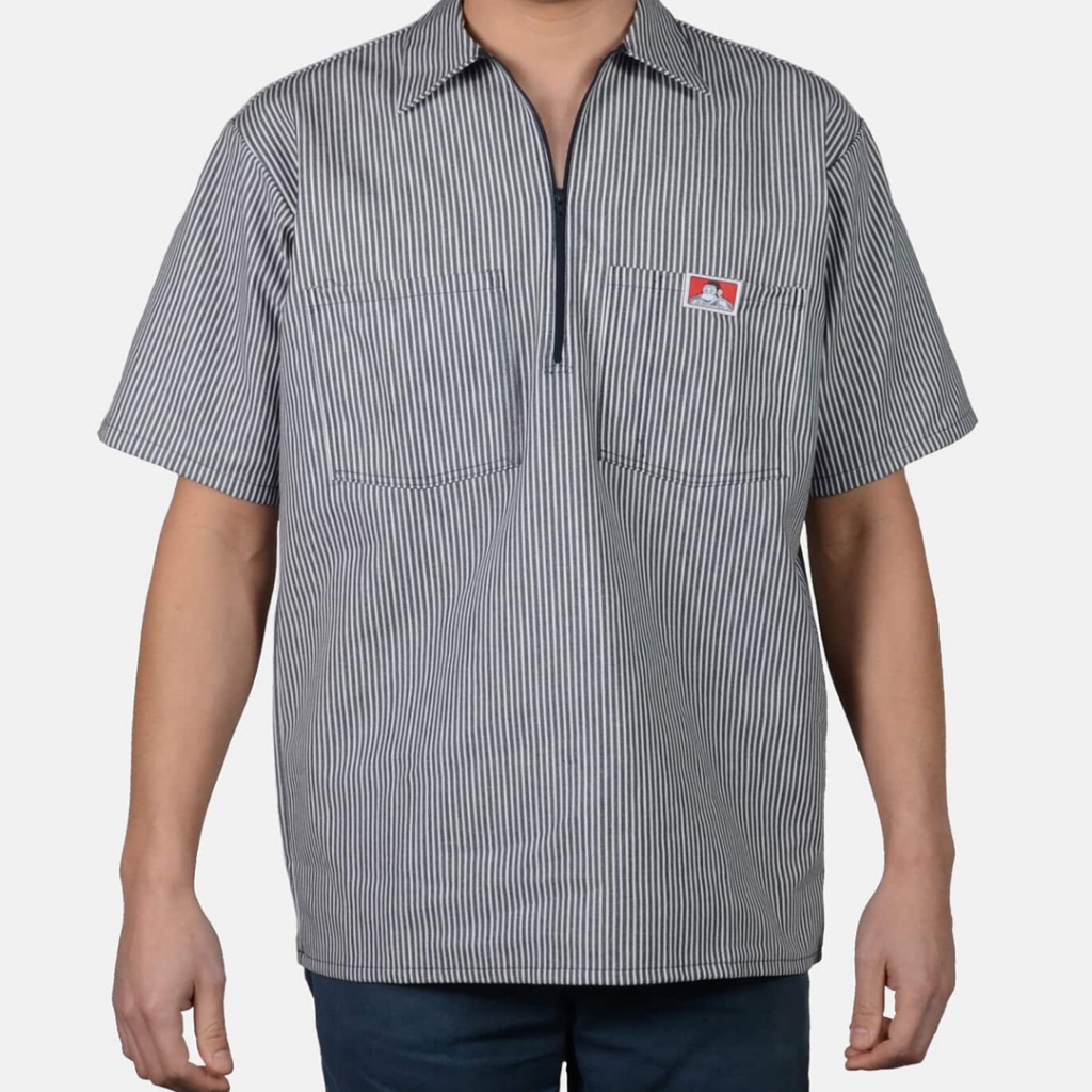 Ben Davis เสื้อเชิ้ตแขนสั้นลายทาง 1/2 Zip - สีกรมท่า