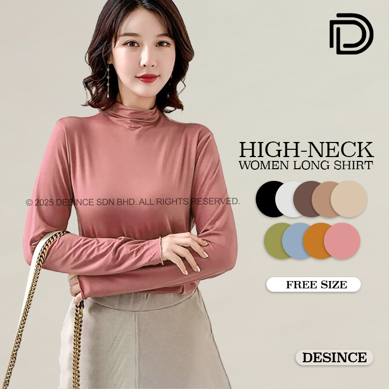 DESINCE ผู้หญิงคอสูงเสื้อแขนยาวเสื้อยืดเต่าคอสีทึบ Muslimah ภายใน Baju Lengan Panjang WT 069