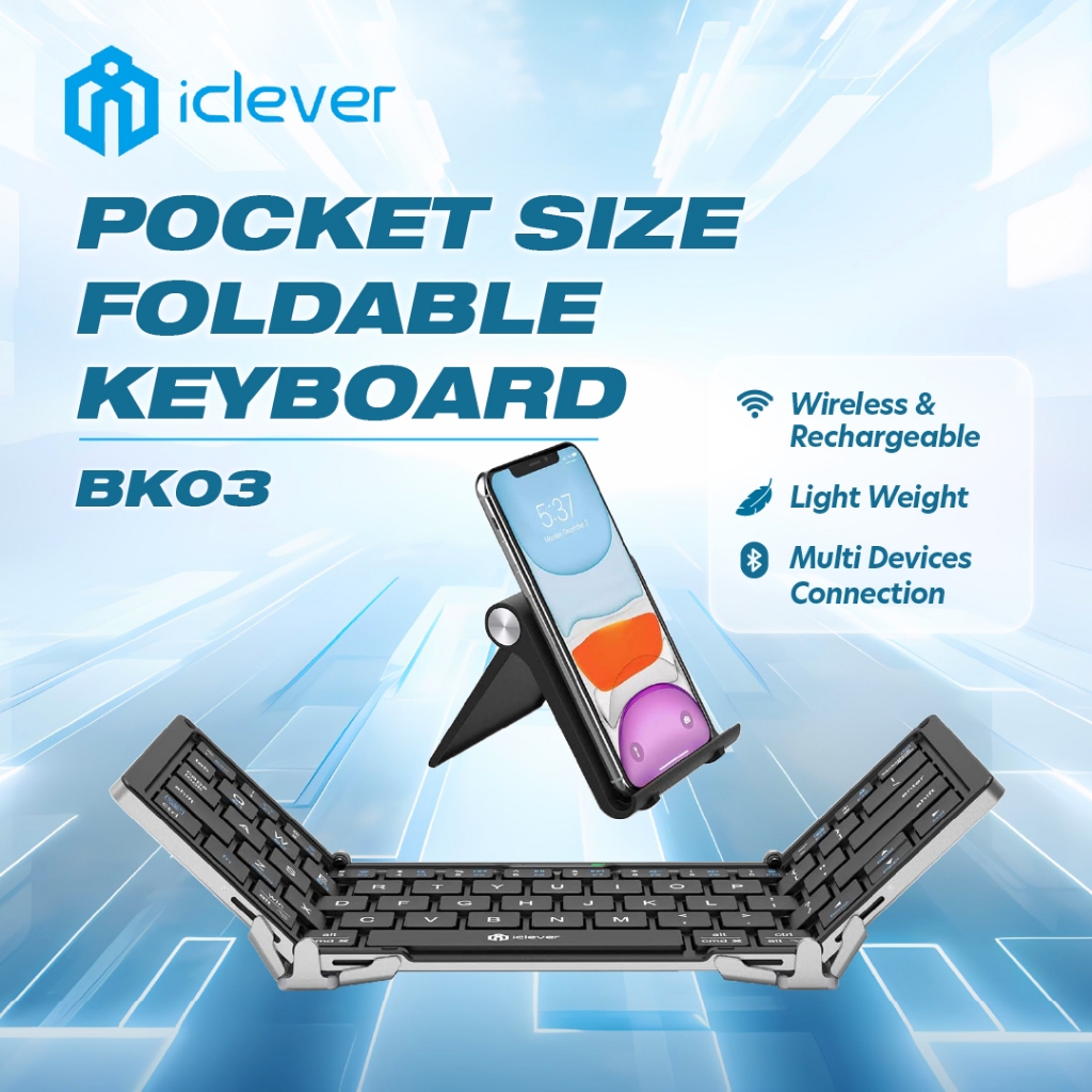 IClever BK03 คีย์บอร์ดพกพาพร้อมที่วางขาตั้ง (Sync สูงสุด 3 อุปกรณ์) คีย์บอร์ดบลูทูธขนาดเต็ม