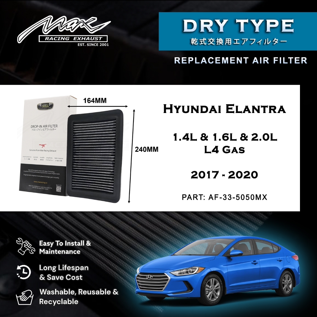 Hyundai Elantra 1.4L & 1.6L & 2.0L L4 แก๊ส 2017 ถึง 2020 33-5050MX Max Racing Performance Drop-in Dr