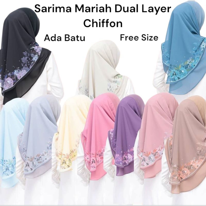 Tudung Sarung Sarima พิมพ์ชีฟองสองชั้นฟรีไซส์ Ada Batu