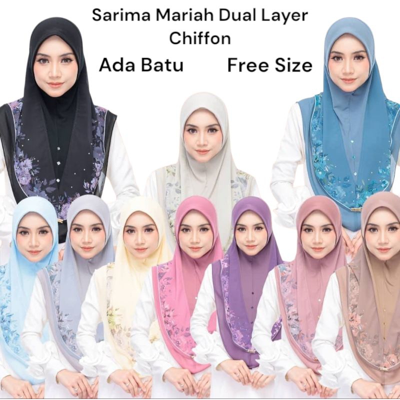 Tudung Sarung Sarima พิมพ์ชีฟองสองชั้นฟรีไซส์ Ada Batu