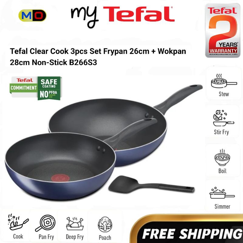 Tefal Clear Cook 3 ชิ้นชุด ชุดเครื่องครัวไม่ติดกระทะ B266S3 (Frypan 26cm + กระทะ 28cm + ไม้พายขนาดเล