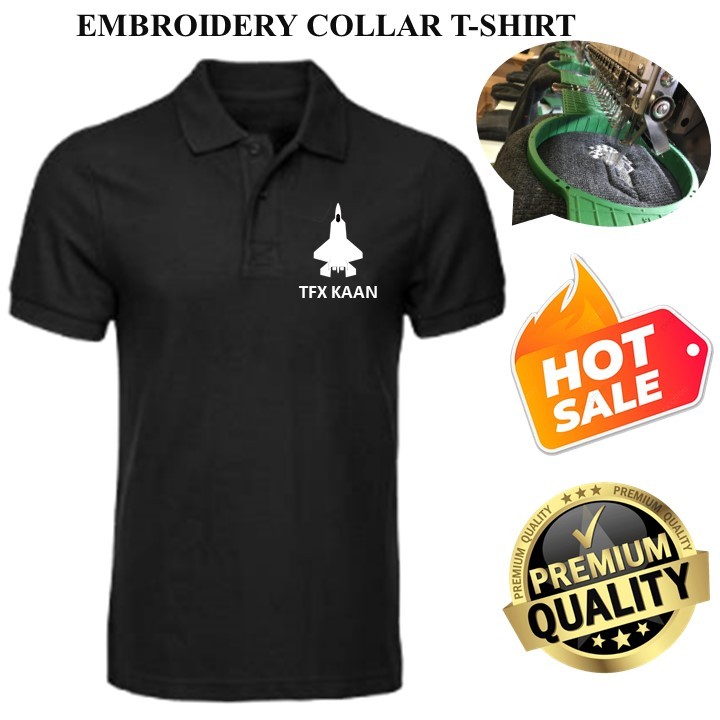 EMBROIDERY SULAM TFX KAAN FIGHTER JET SILHOUETTE TACTICAL LOGO เสื้อเชิ้ตปกเสื้อสีดํา