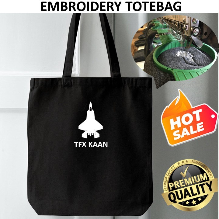 EMBROIDERY SULAM TFX KAAN FIGHTER JET SILHOUETTE TACTICAL LOGO TOTE BAG CANVAS สีดํา