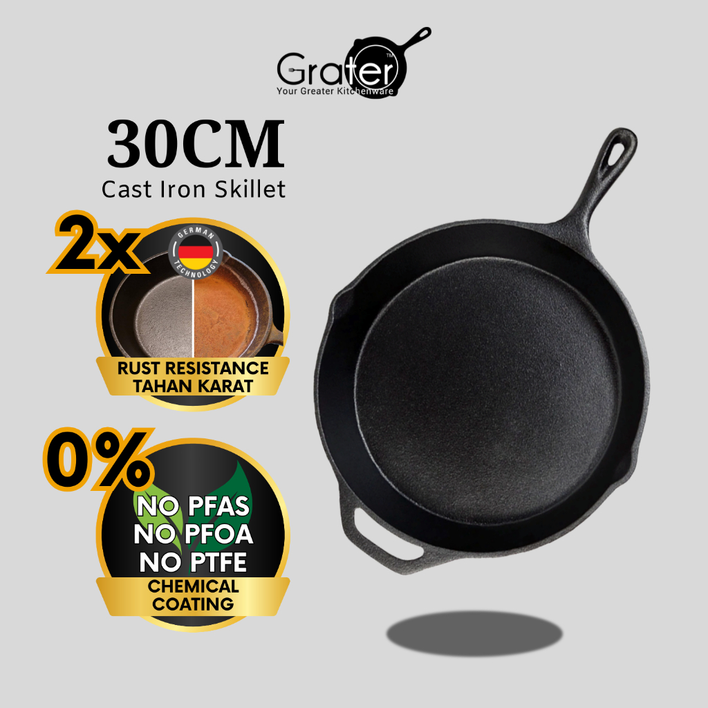 GRATER 30 ซม. ทนสนิม XL Pre-Seasoned Cast Iron Skillet Camping Campfire เครื่องครัว Pure Iron Cast P