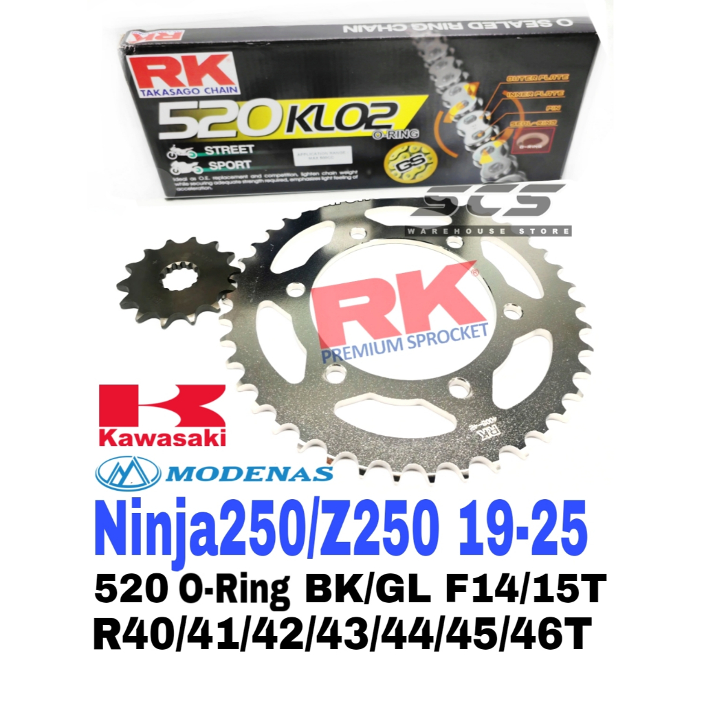 ชุดเฟือง RK Kawasaki Ninja 250 Z250 19-25 RK 520 KLO2 O-Ring โซ่สีดําทอง Rantai สีดํา Modenas Ninja2