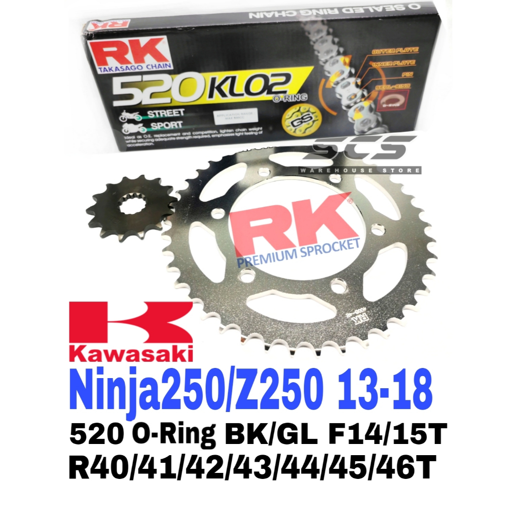 ชุดเฟือง RK Kawasaki Ninja 250 Z250 13-18 RK 520 KLO2 O-Ring สีดํา / ทองโซ่ Rantai สีดํา / Emas Ninj