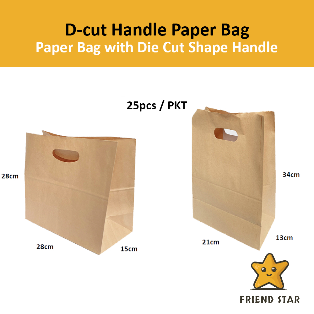 Beg Kertas / Paper D Bag/ Paper D-Cut Bag Kraft Brown / Brown Kraft Bag / Handle Paper Bag (25 ชิ้น+