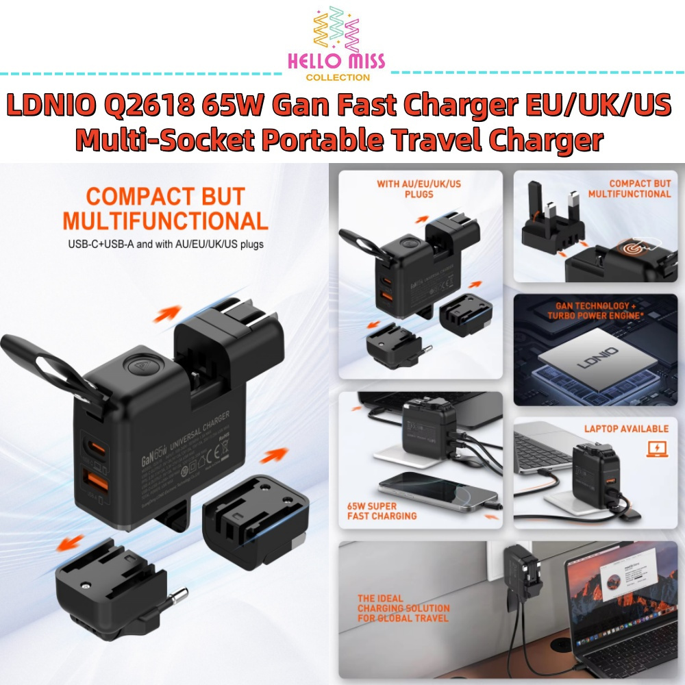 LDNIO Q2618 GaN 65W Universal EU/UK/US Fast Charger Multi-Plug PD65W + QC30W Travel Adapter พร้อมสาย