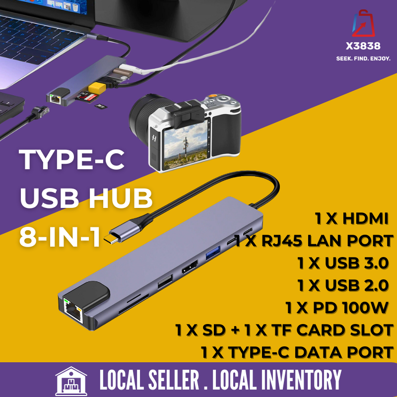 Type C 8 in 1 USB Hub Adapter พร้อม HDMI 4K RJ45 LAN USB 3.0 USB 2.0 PD 100W SD TF, Type C แล็ปท็อป 