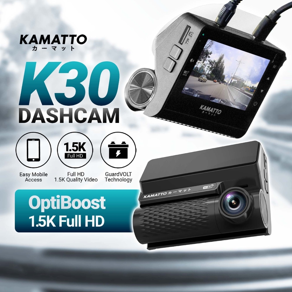 [ชุดสายไฟฟรี] Kamatto Dashcam K30 Dual Channel 1.5K 1296P Full HD WiFi App 24H หน้าจอโหมดที่จอดรถ