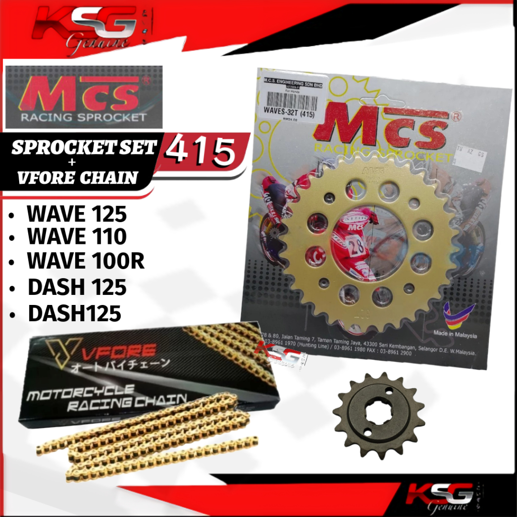 MCS 415 SPROCKET SET + VFORE GOLD CHAIN WAVE125 WAVE110 WAVE100R Chain Gold Rantai VFORE สําหรับ HON