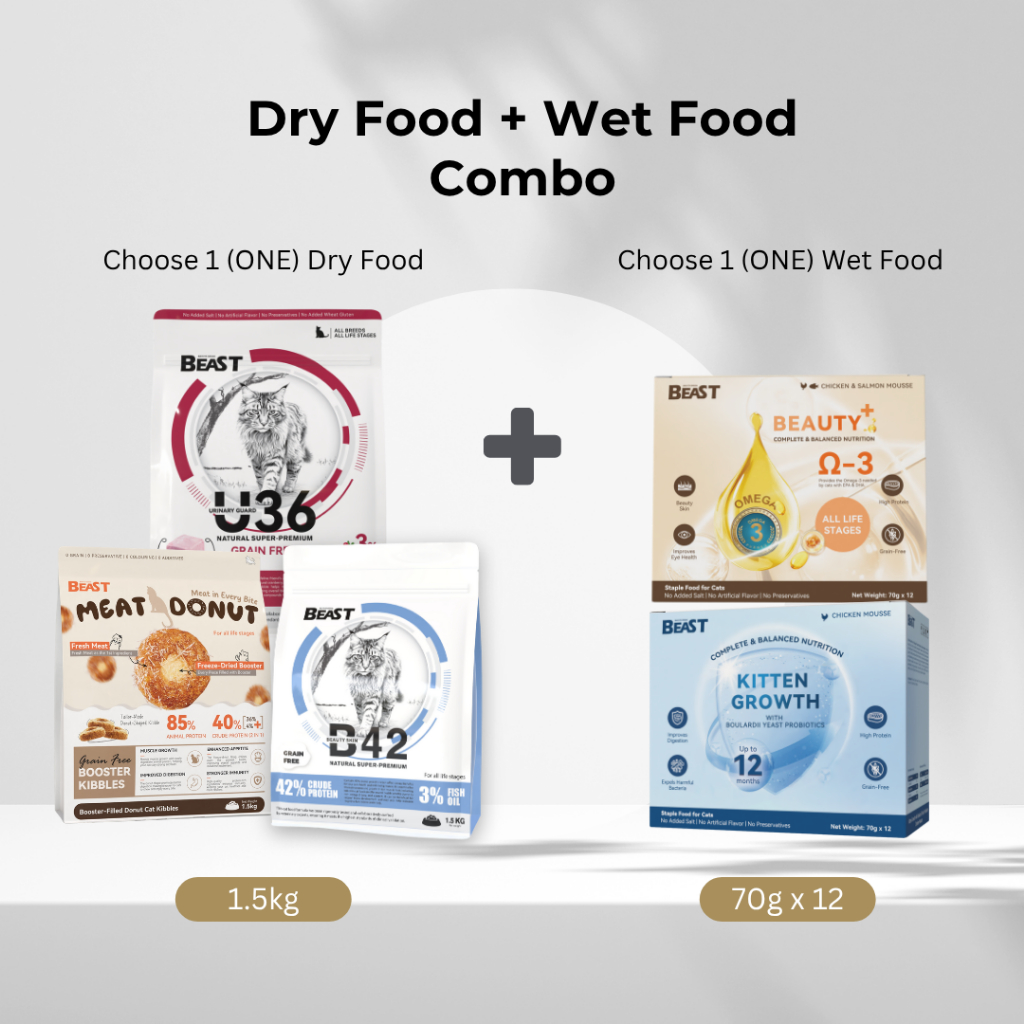 BEAST [1+1 COMBO] อาหารแมวแบบแห้ง Kibbles (1.5kg) + อาหารเปียกแบบซอง (1 กล่อง) (12x70g)