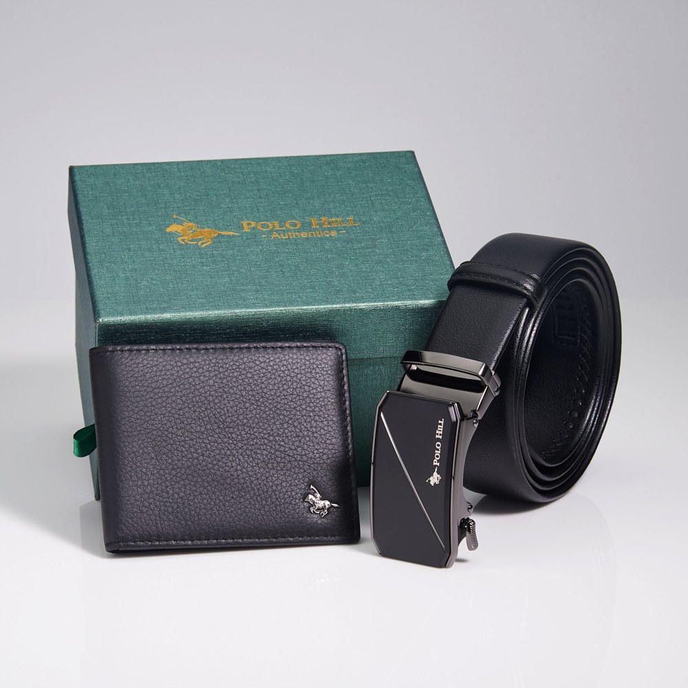 POLO HILL Mens Fortune Box 2-in-1 Bundle Set RFID Protected Top Grain Leather Wallet Automatic Belt