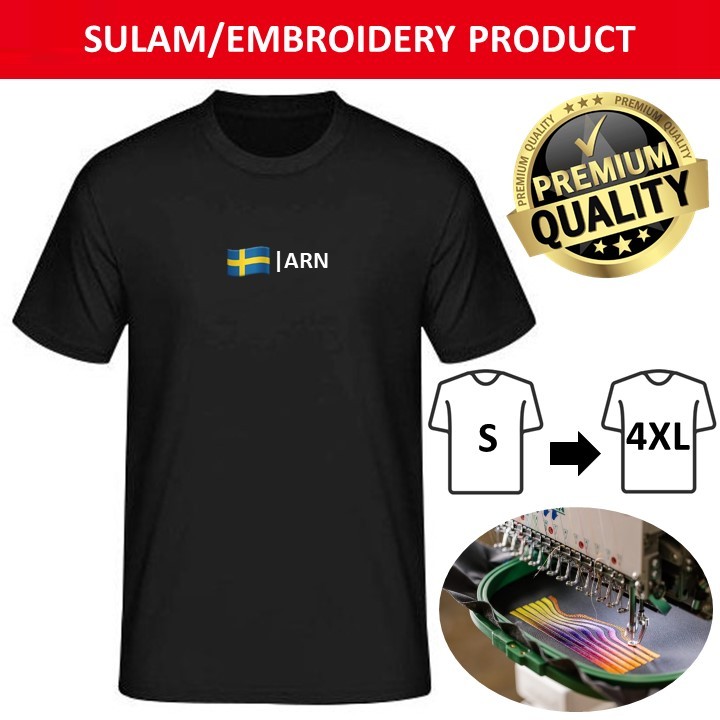 EMBROIDERY SULAM EMOJIS AREN SWEDEN FLAG LOGO ROUNDNECK เสื้อยืดผ้าฝ้ายสีดํา