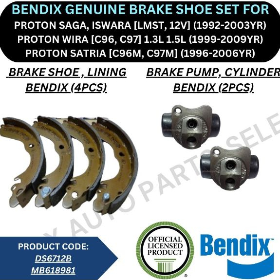 BENDIX BRAKE LINING, รองเท้า, ปั๊ม (ด้านหลัง) สําหรับ PROTON SAGA, ISWARA [12V, LMST] / WIRA [C96, C