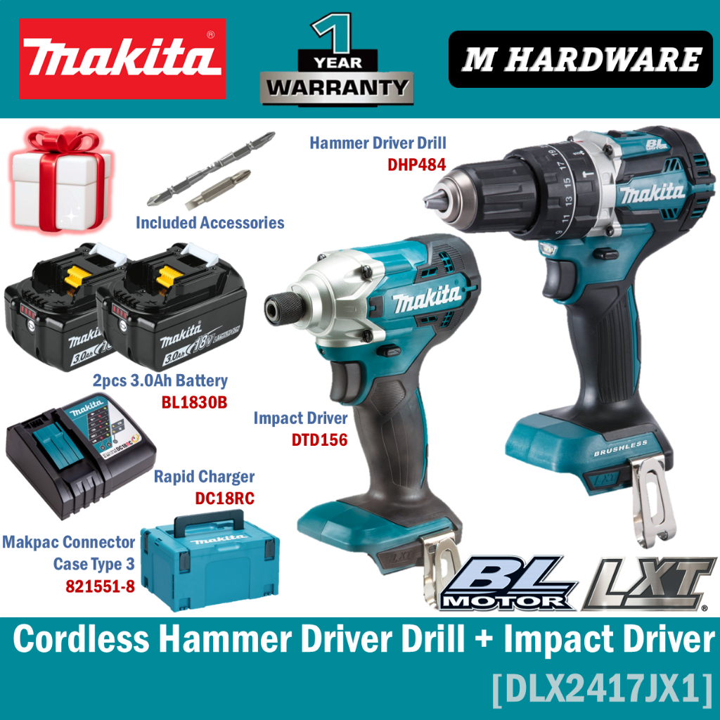 MAKITA DLX2417JX1 18V Combo [ DHP484 สว่านกระแทกไร้สาย + DTD156 ไดร์เวอร์กระแทกไร้สาย ]