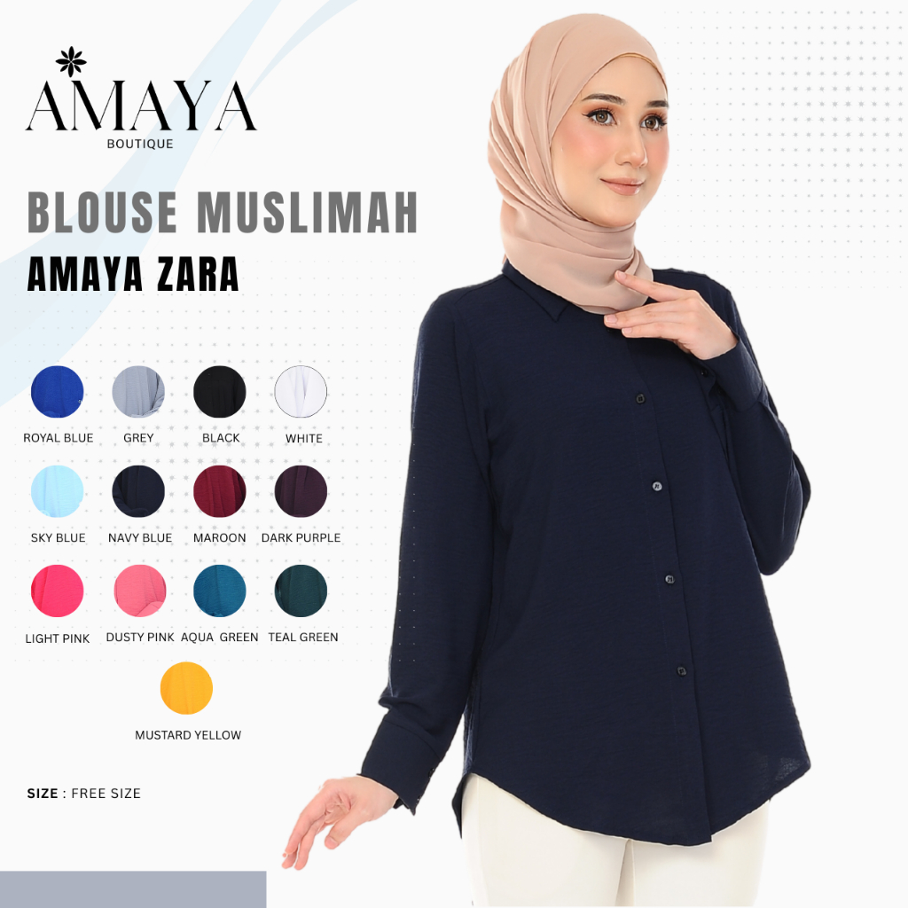 Amaya Boutique – เสื้อ Muslimah Flowy สําหรับ Keselesaan ผู้หญิง tops เสื้อ causal Official Navy Blu