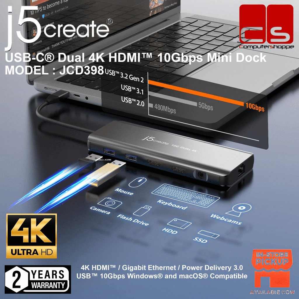 J5 CREATE JCD398 (USB-C Dual 4K HDMITM 10Gbps Mini Dock)