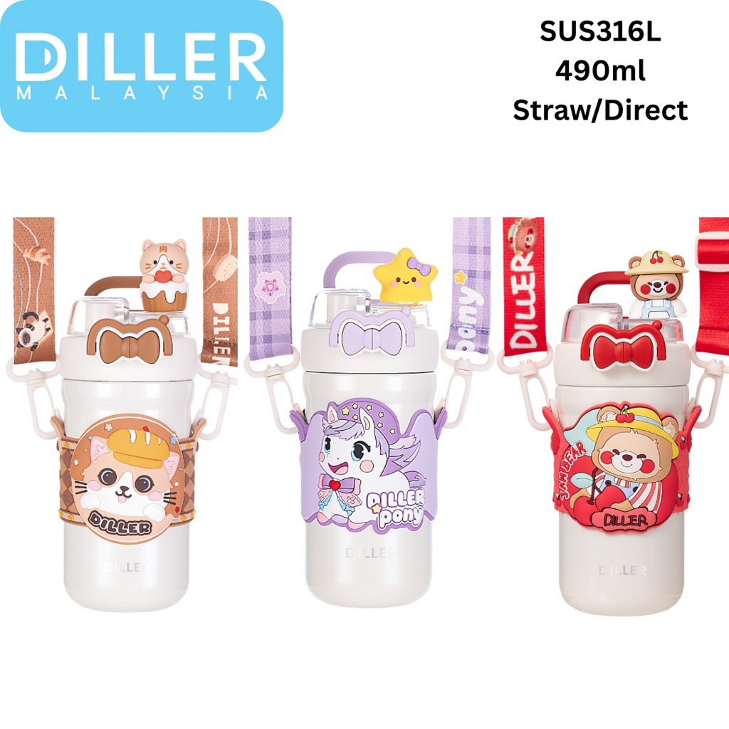 Diller Multipurpose Thermo straw direct Drink Bottle Botol Air พร้อมสายรัด (490ml) D9363
