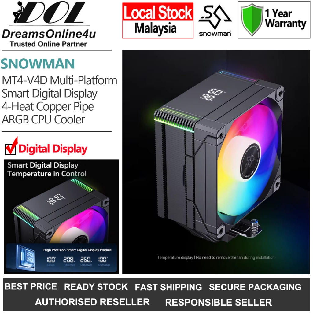 SNOWMAN MT4-V4D จอแสดงผลดิจิตอล ARGB CPU พัดลม Cooler ฮีทซิงค์ intel i5 i7 Ultra 7 LGA1851 1700 E5 2