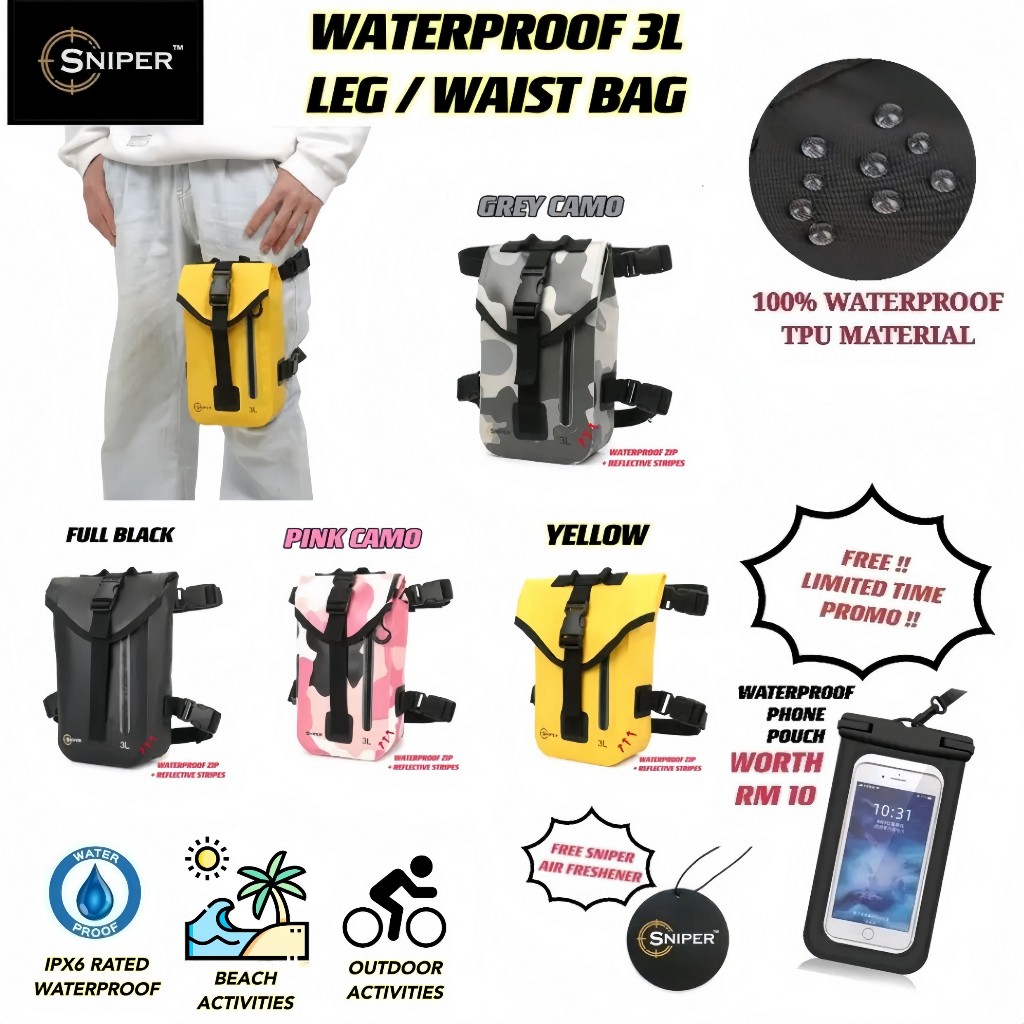 SP043) [2023 ใหม่ 4in1STYLE] 3L SNIPER WATERPROOF SLING BAG LEG BAG WAIST BAG CHEST BAG DRY BAG กระเ