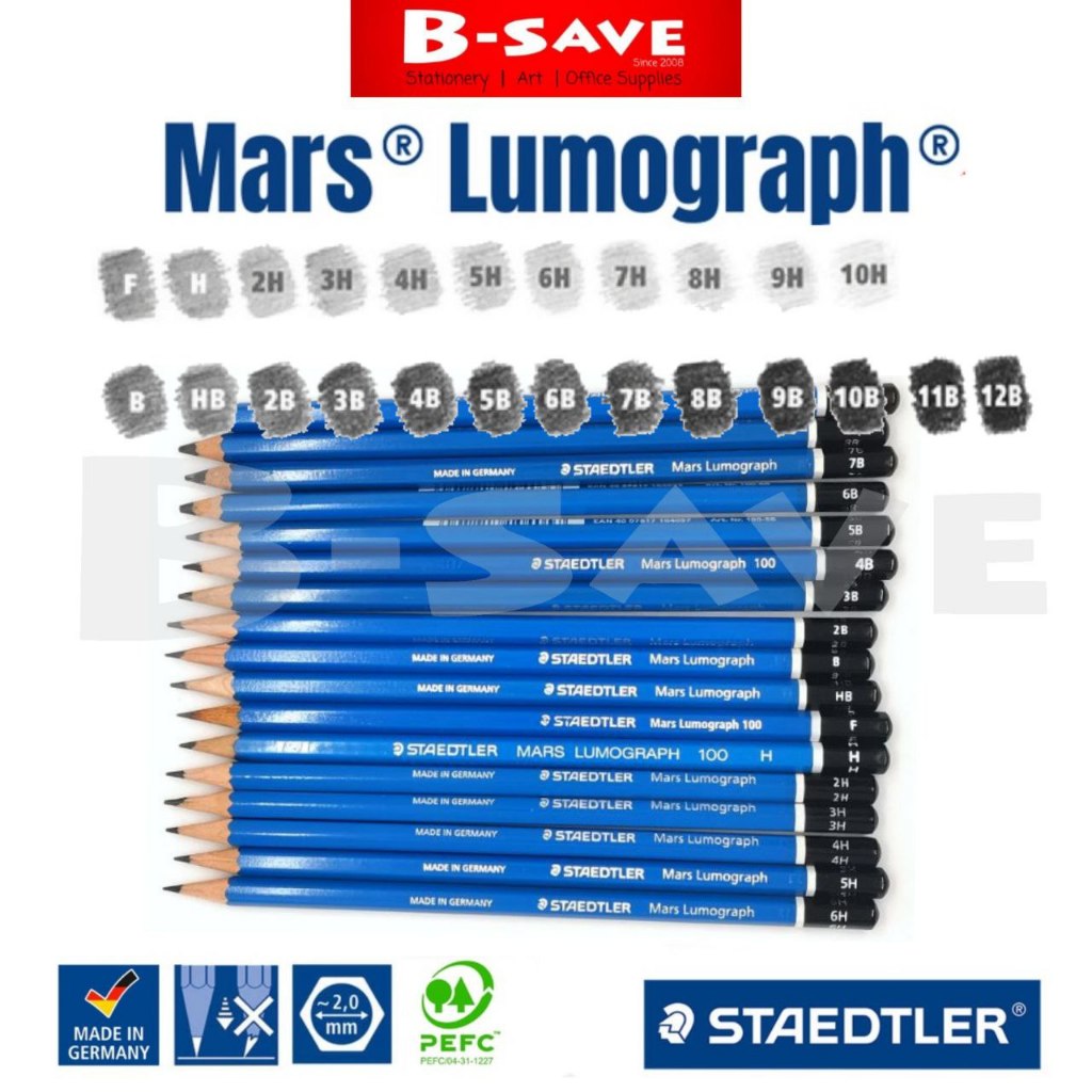 Staedtler Mars Lumograph ดินสอ 100 12B 11B 10B 9B 8B 7B 6B 5B 4B 3B 2BBF HB H 2H 3H 4H 5H 6H 7H 8H 9