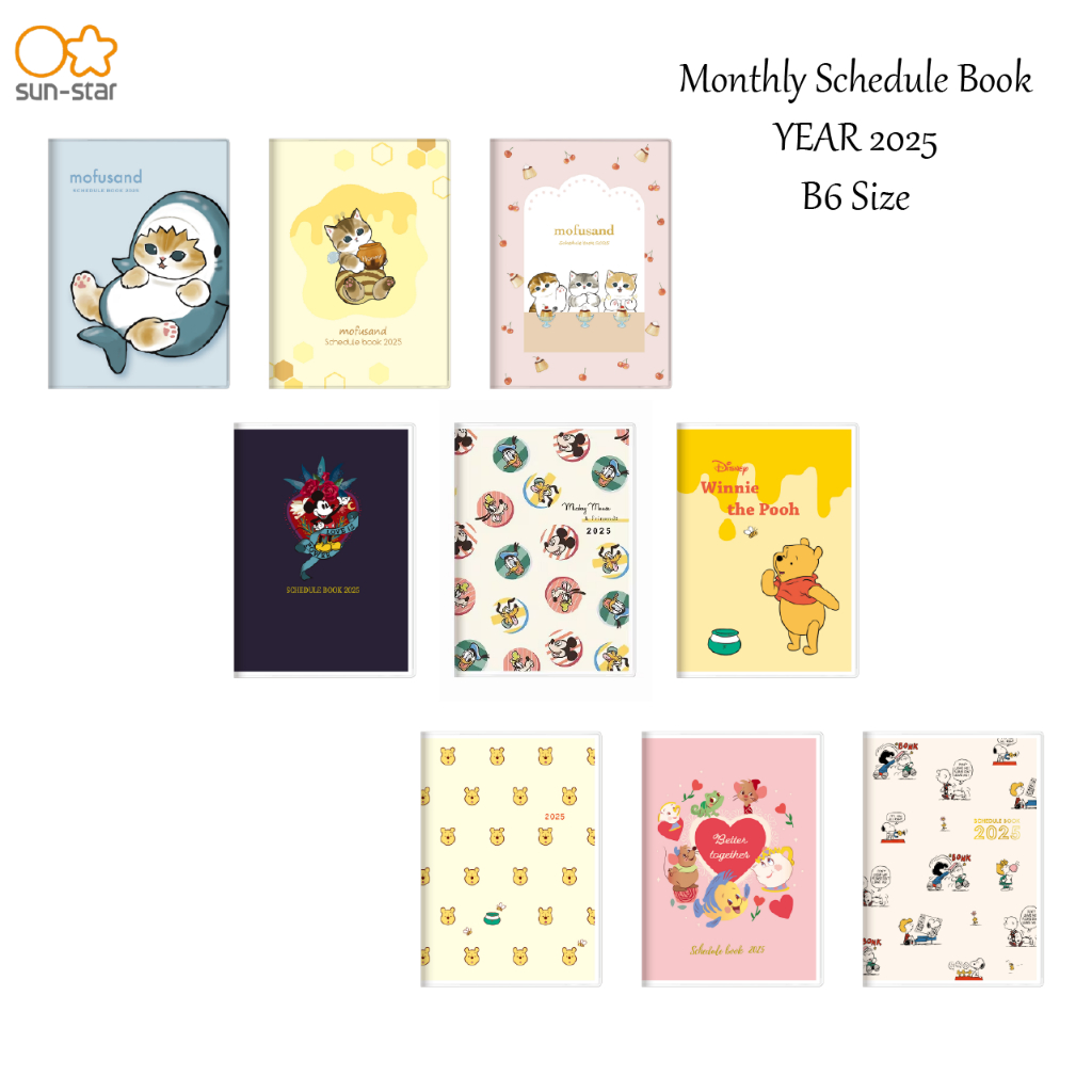 Sun-star Stationerymonthly Schedule Book ปี 2025 - B6 Size Mofusand/Disney/Winnie/Snoopy