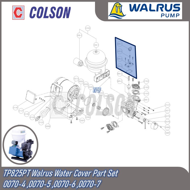 COLSON WALRUS PUMP TP825PT Walrus Water Cover Part Set 0070-4 ,0070-5 ,0070-6 ,0070-7