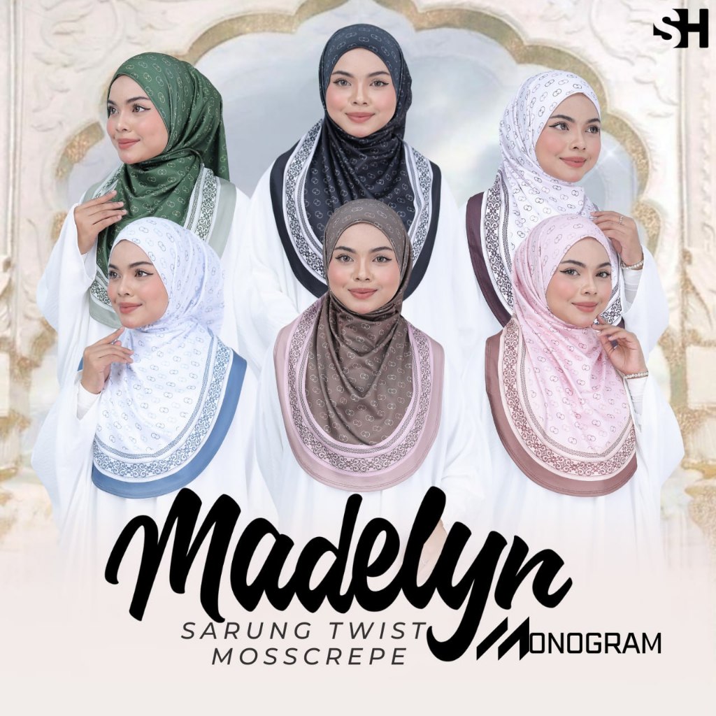 Madelyn SARUNG TWIST MONOGRAM PRINTED BATCH-03 KAIN HQ MOSSCREPE PREMIUM IRONLESS & STRETCHABLE HEEJAB