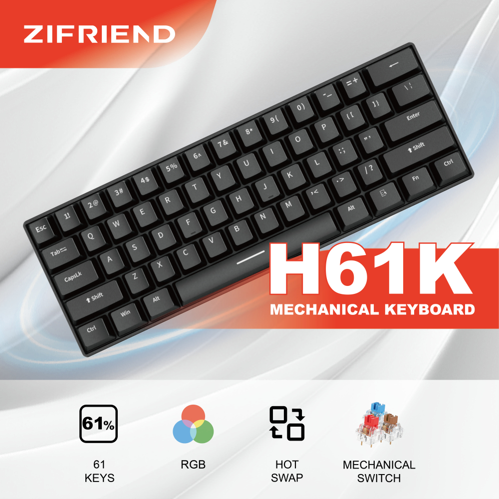 ZIFRIEND H61K Mechanical Keyboard 61 คีย์คีย์บอร์ดขนาดเล็ก Swappable Rainbow Light Gaming