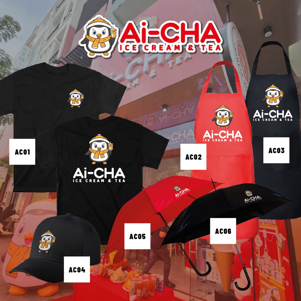 Ai-CHA ICE CREAM & TEA Uniform เสื้อยืดผู้ใหญ่ ผ้ากันเปื้อน หมวก และร่ม Combo