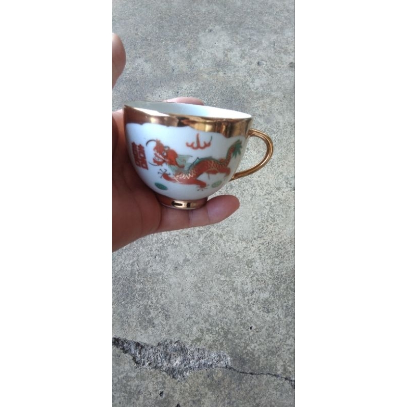 70s Window Dragon Style 囍 Character Cup วาดด้วยมือสีทอง Jingdezhen