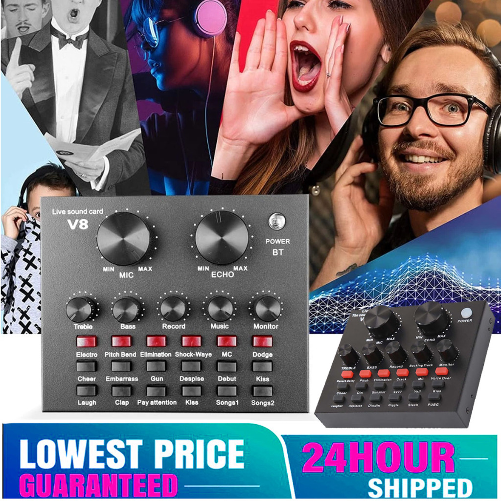 การ์ดเสียง V8 ไมโครโฟนขนาดเล็ก Webcast Live การ์ดเสียงภายนอก 6 โหมด Mixer Audio Streamer สําหรับคอมพ