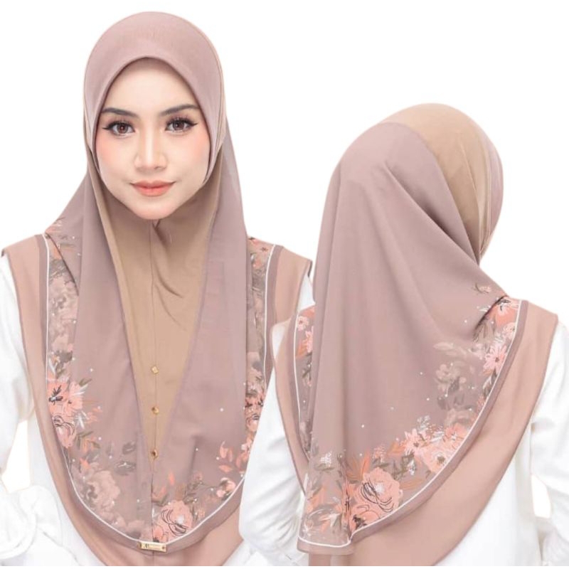 Tudung Sarung Sarima พิมพ์ชีฟองสองชั้นฟรีไซส์ Ada Batu
