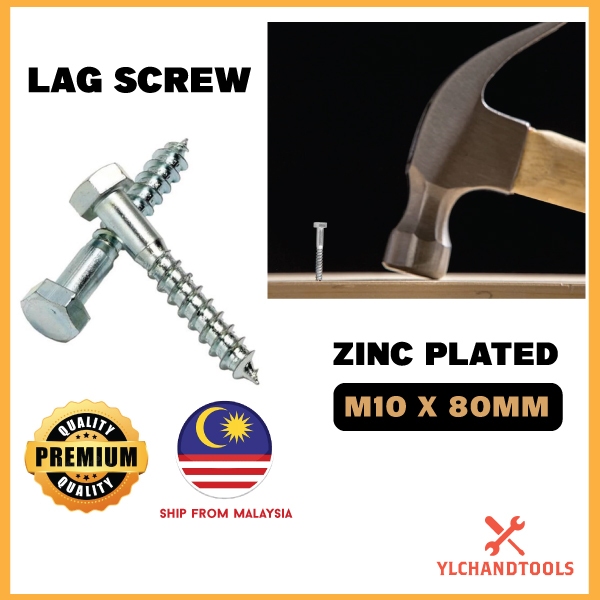 (5 ชิ้น) M10 Lag Screw Coach Screw Log Skru Kayu Wood Screw Zinc DIN Hexagon Head Wood Screw