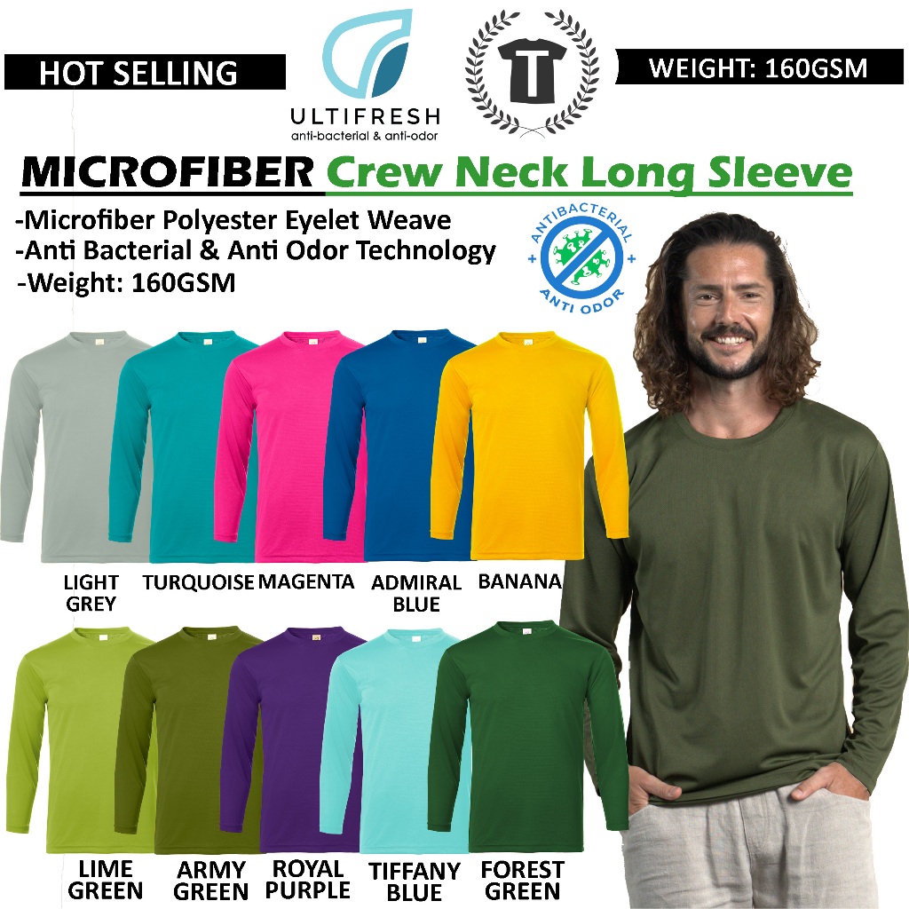 Anti-BacMicrofiber รอบคอแขนยาว UNISEX เสื้อ Anti-Bacterial lengan panjang Ultifresh UDF26