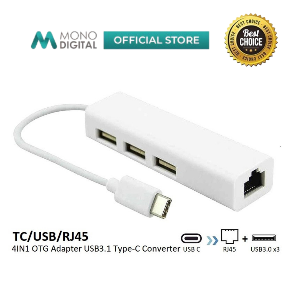 อะแดปเตอร์ OTG 4 IN 1 USB 3.1 TYPE-C CONVERTER TO RJ45 LAN PORT+USB HUB2.0*3 100CM - TC/USB/RJ45