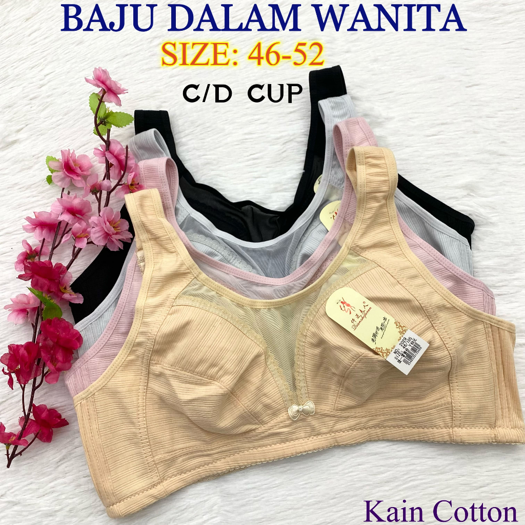 C/D/E ถ้วย Plus ขนาด 42-52 ผู้หญิงs Full ถ้วยผ้าฝ้าย Non แบบมีสาย Bra No Dawai Bra Baju Dalam Wanita