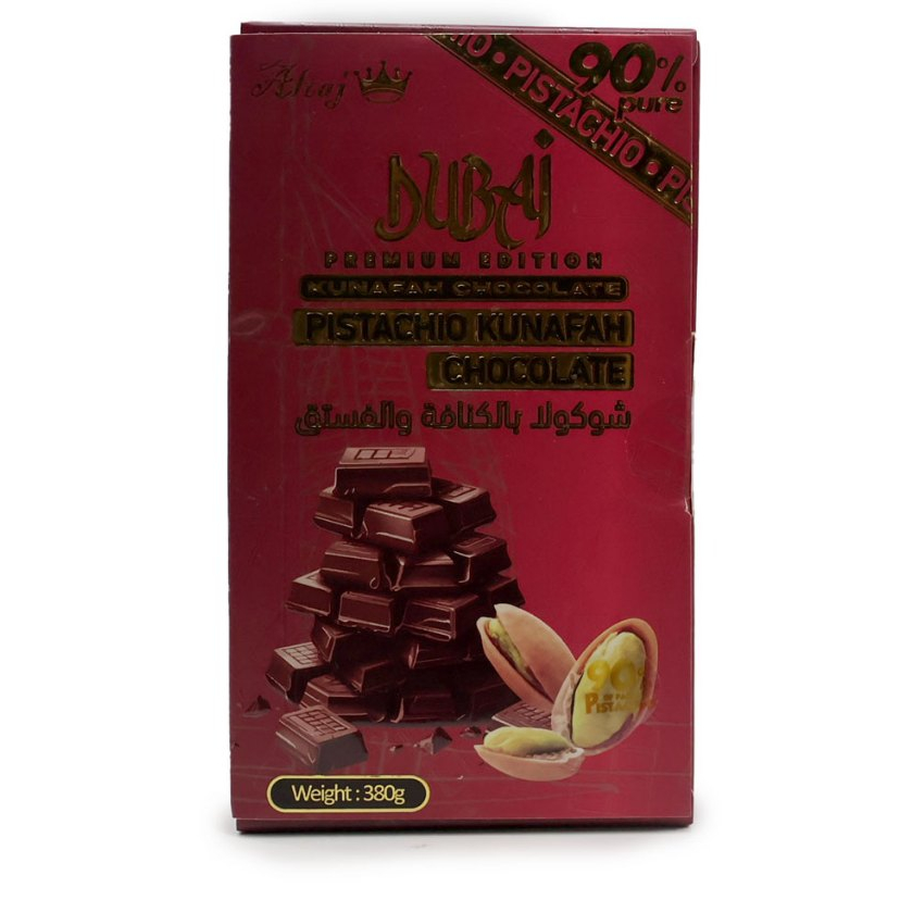 PISTACHIO KUNAFAH CHOCOLATE DUBAI 380G , 90% OF PASTE PURE PISTACHIO BY ALTAJ