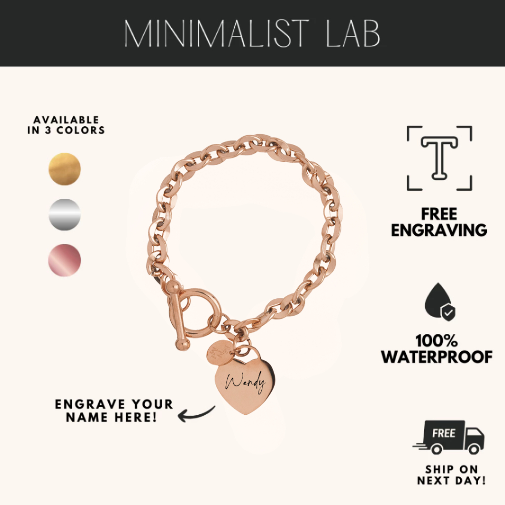 MINIMALIST LAB Titanium Heart Chain Engravable Toggle Bracelet [ฟรี ENGRAVING] Gelang Hati Toggle Ti