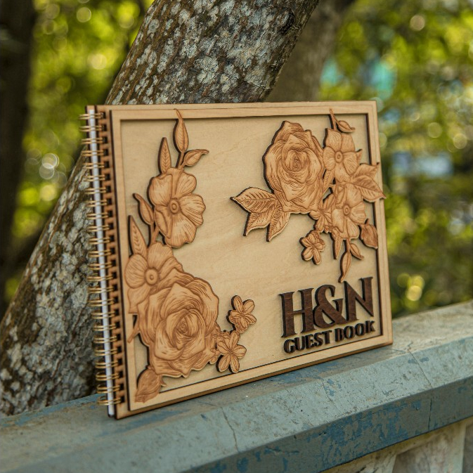 GUEST BOOK CUSTOMADE เลเซอร์ตัดแกะสลักไม้ GUEST BOOK สําหรับงานแต่งงาน, ร้านค้าหรือสํานักงานลายดอกไม