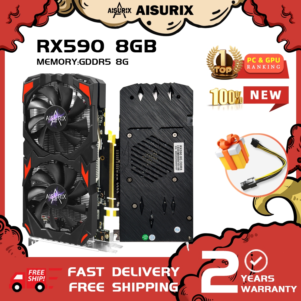 AISURIX ใหม่ RX 590 8GB กราฟิกการ์ด GME 2304SP GDDR5 256Bit คอมพิวเตอร์ GPU การ์ดสําหรับเล่นเกมทํางา