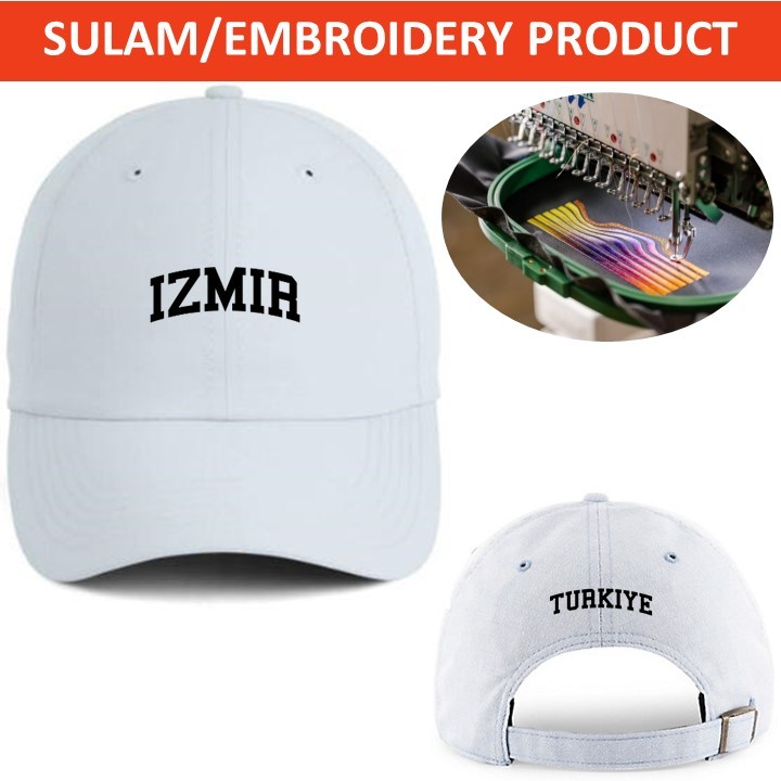EMBROIDERY SULAM IZMIR TURKIYE WORDING LOGO BASEBALL 100% POLYESTER CAP ADJUSTABLE STRAP สีขาว