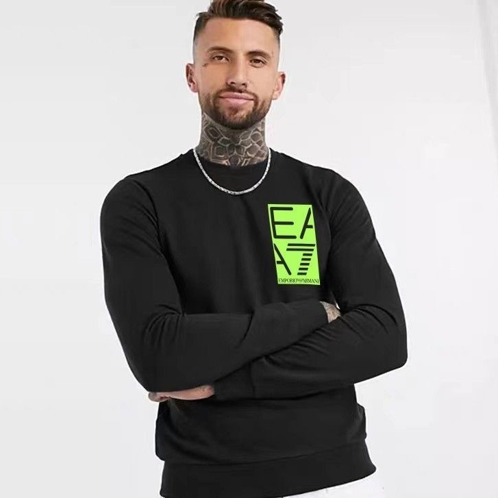 Armani Exchange EA7 แนวโน้มแฟชั่นผ้าฝ้ายรอบคอผู้ชายแขนยาวเสื้อยืด Baju-T lelaki berlengan panjang