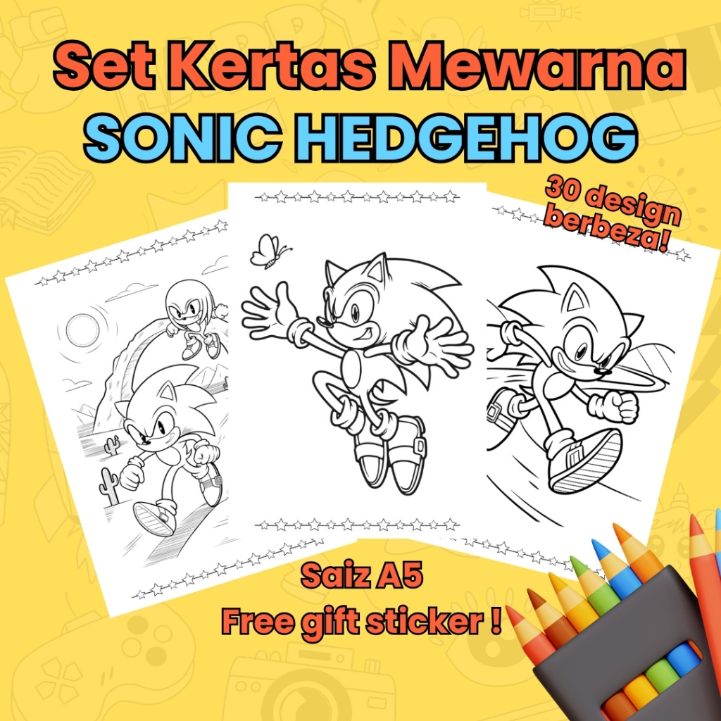 SONIC THE HEDGEHOG ระบายสีหน้า A5 – ชุดกระดาษระบายสีสําหรับเด็ก 30 แผ่น