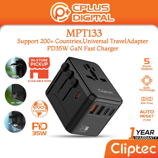 Cliptec MPT133 /MPT136 GaN PD35w /PD20w Universal World Travelling Plug Adaptor